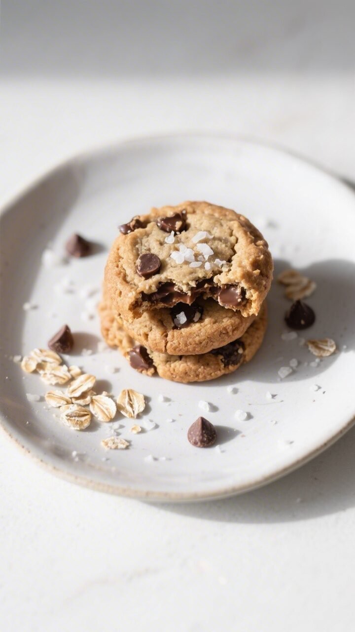 Overhead final presentation: of a small stack of vegan oatmeal chocolate chip cookies on a matte cer