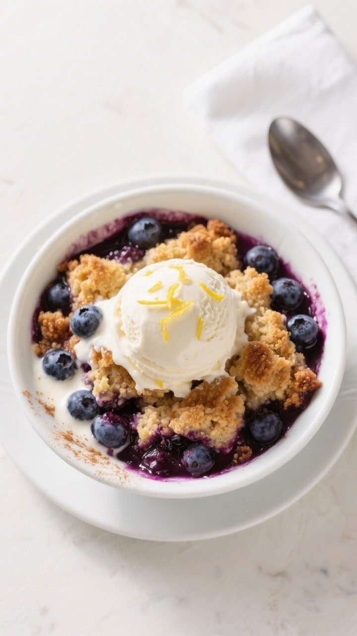 Overhead final presentation of a warm scoop of Southern Blueberry Cobbler in a shallow white bowl, t