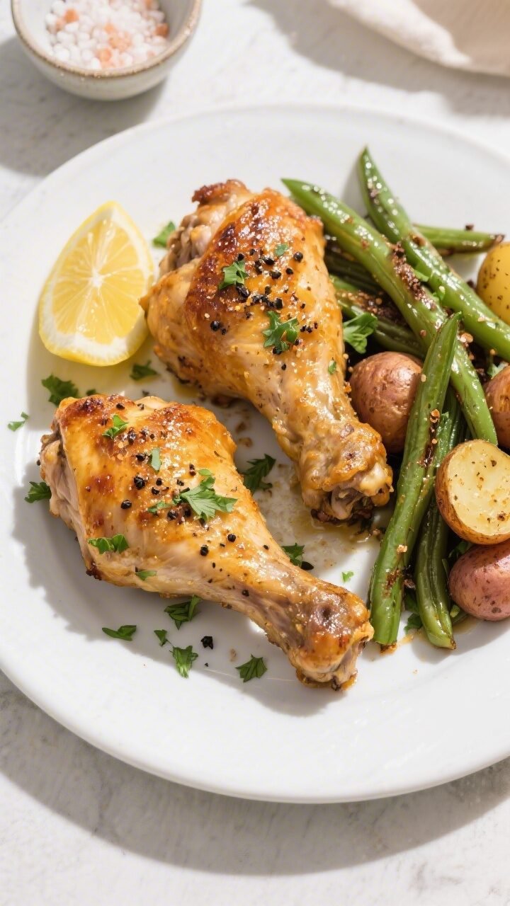 Overhead final presentation of beautifully plated baked chicken thighs on a matte white platter, ski