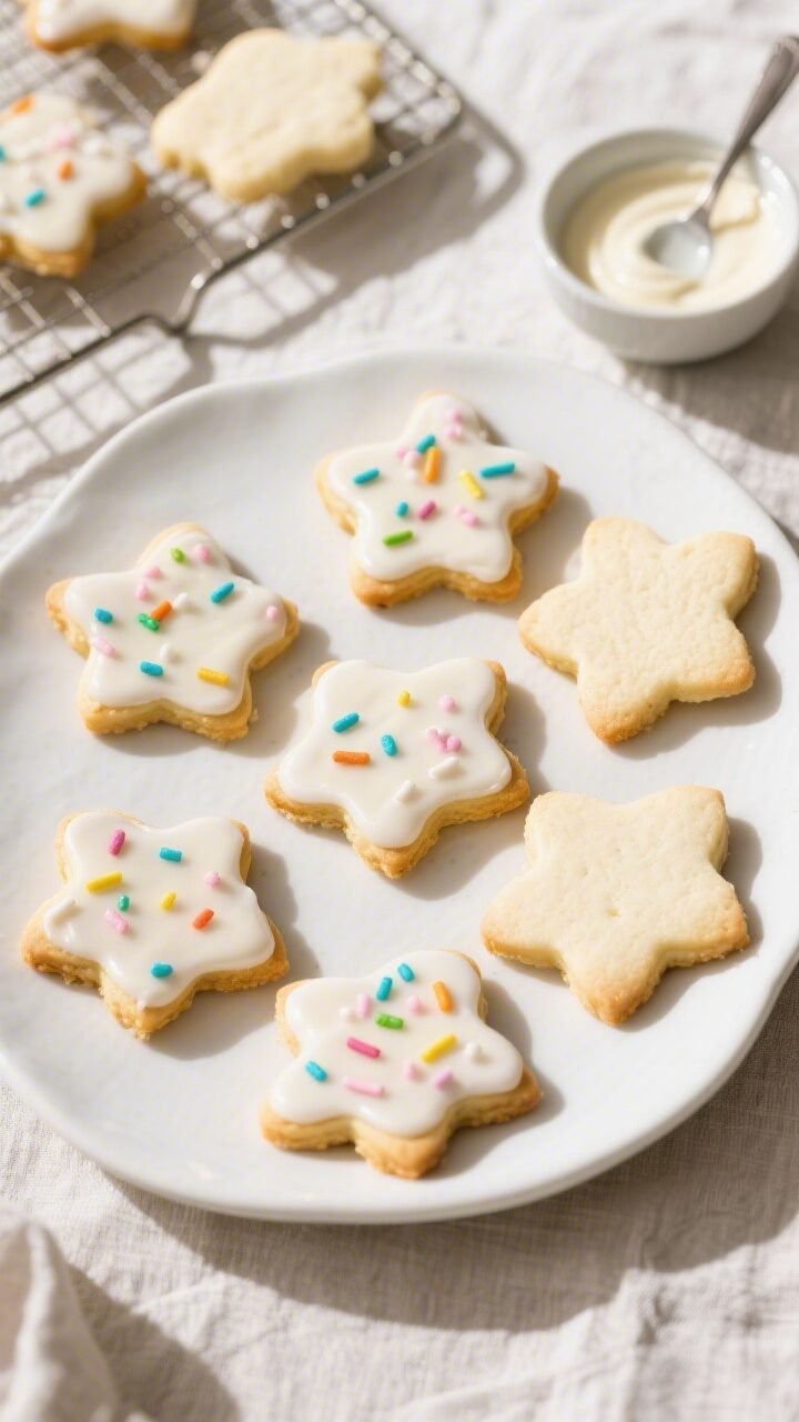 Overhead final presentation of cut-out sugar cookies cooled and simply decorated: smooth vanilla ici