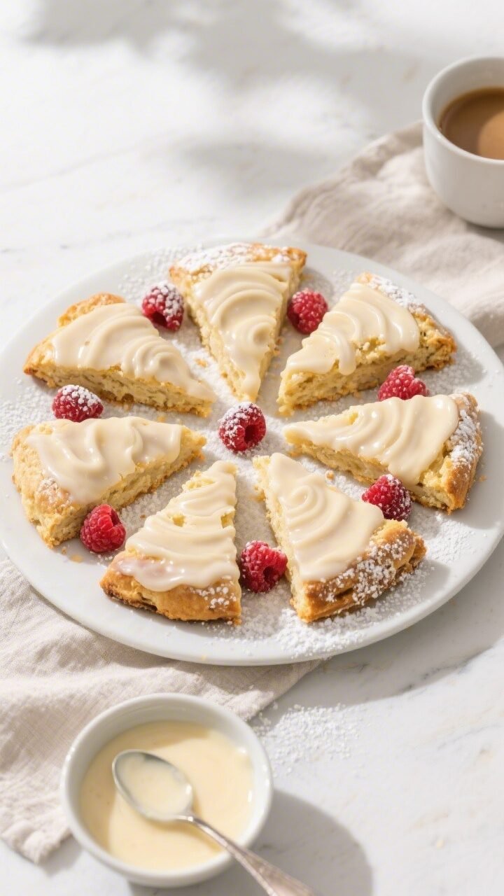 Overhead final presentation of glazed raspberry scones arranged as 8 neat wedges in a circle on a ma