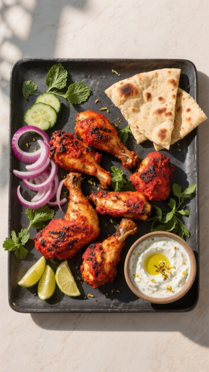 Overhead final presentation of grilled chicken tandoori platter: bone-in pieces arranged on a matte