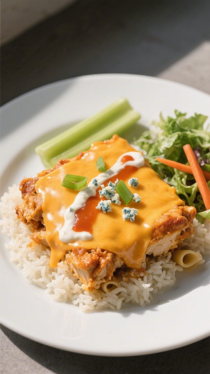 Overhead final presentation shot of a plated serving of Cheesy Buffalo Chicken Casserole: a generous