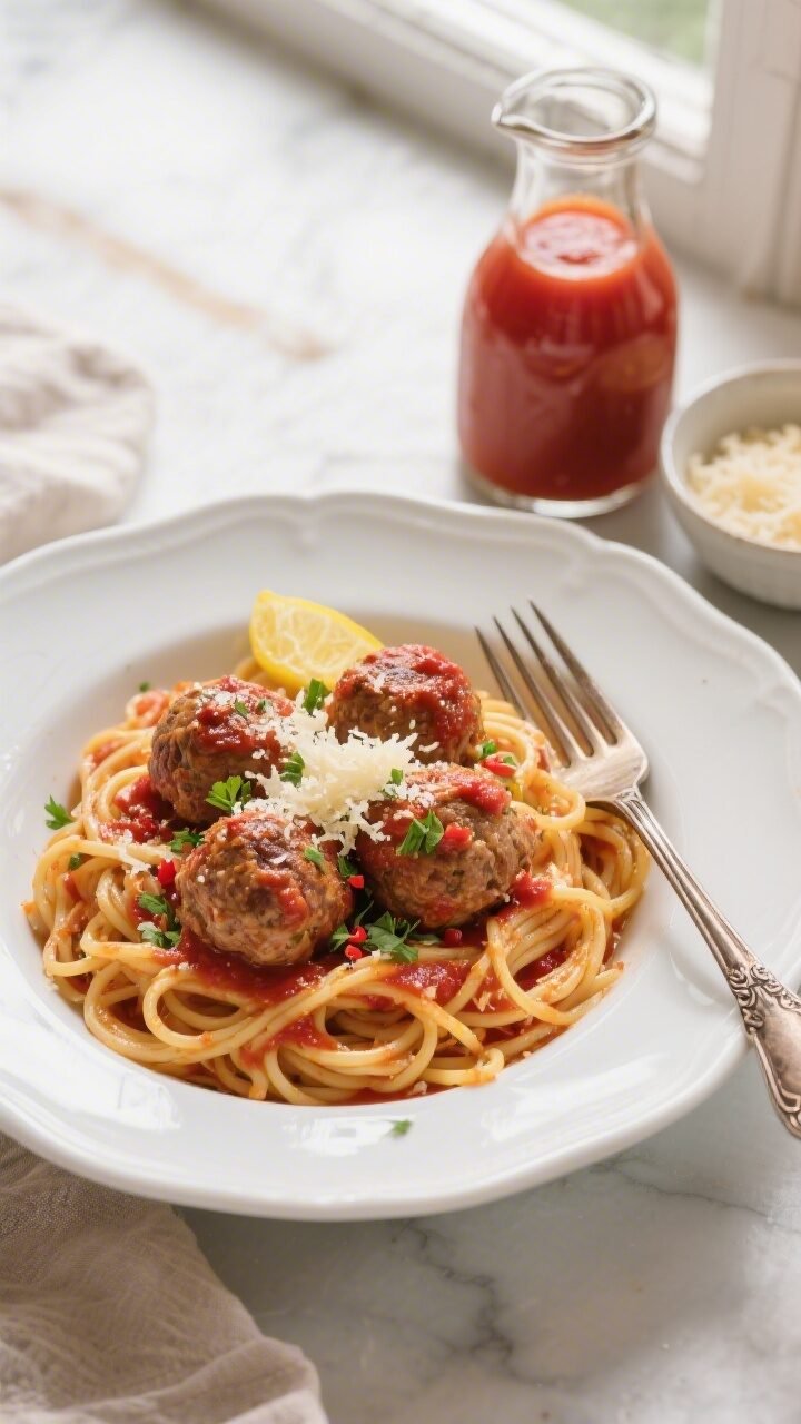 Overhead final presentation: spaghetti twirled into nests topped with baked Italian turkey meatballs