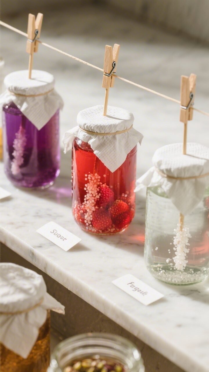 Overhead process shot of multiple glass jars filled with warm, tinted supersaturated sugar syrup—o