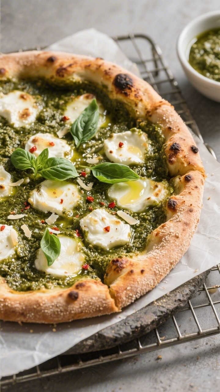 Overhead shot of a baked pesto pizza just out of the oven on a preheated pizza stone, deep golden bl