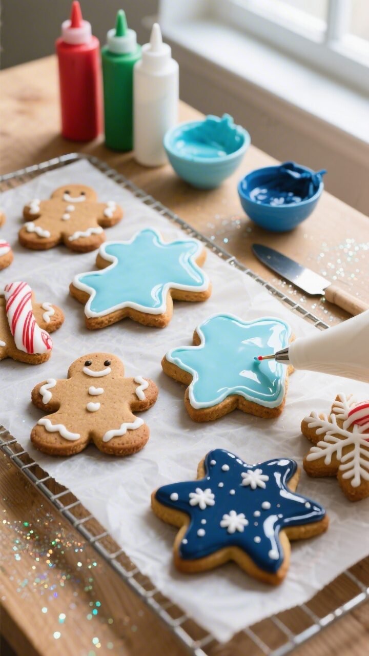 Overhead shot of a cookie-decorating scene mid-process: fully baked sugar and gingerbread cutouts on