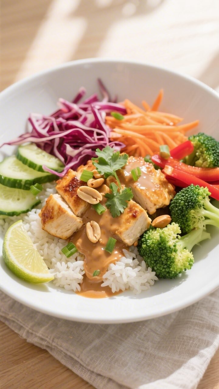 Overhead shot of a finished Rice Bowl with Spicy Peanut Sauce: fluffy jasmine rice base topped with 