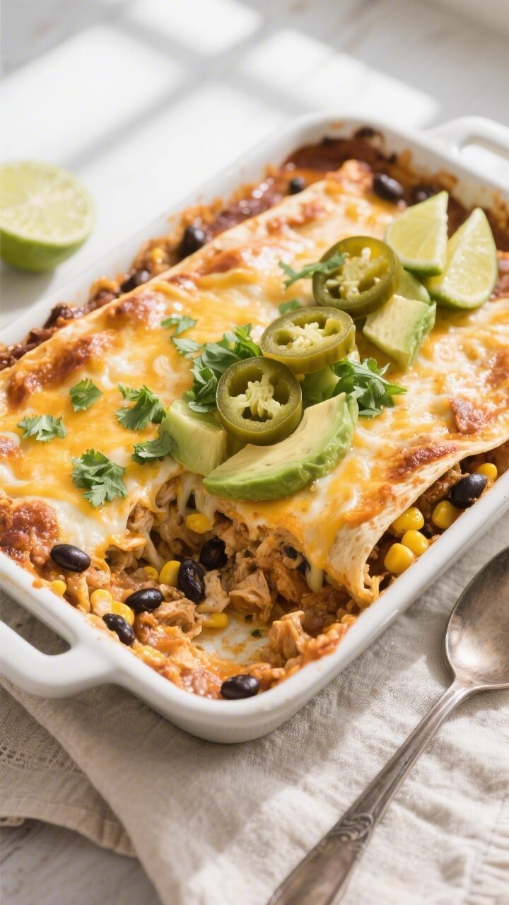 Overhead shot of a freshly baked Mexican Chicken Enchilada Casserole just out of the oven, cheese fu