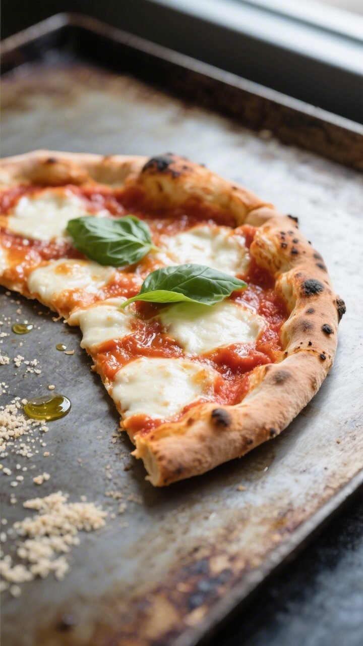 Overhead shot of a just-baked thin-crust Italian pizza on a preheated steel/stone, edges blistered a