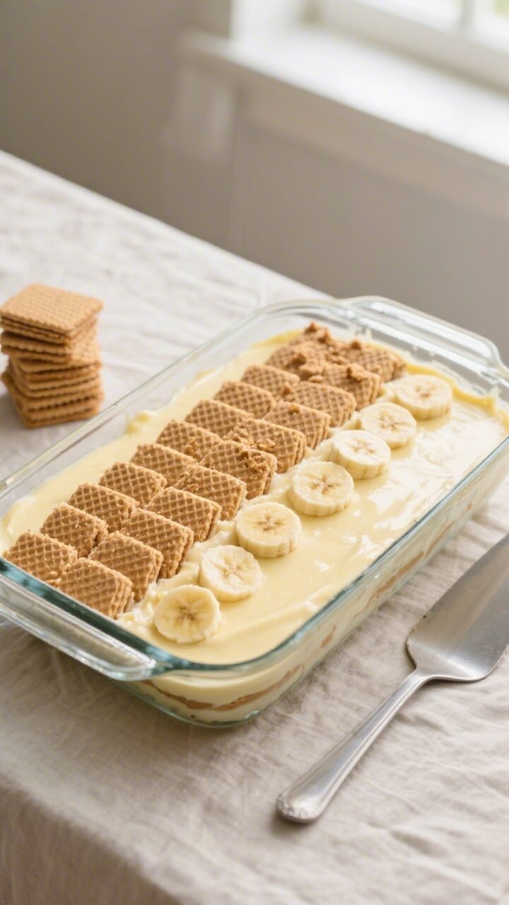 Overhead shot of a party-size banana pudding assembled in a deep 13x9-inch glass dish, showing immac