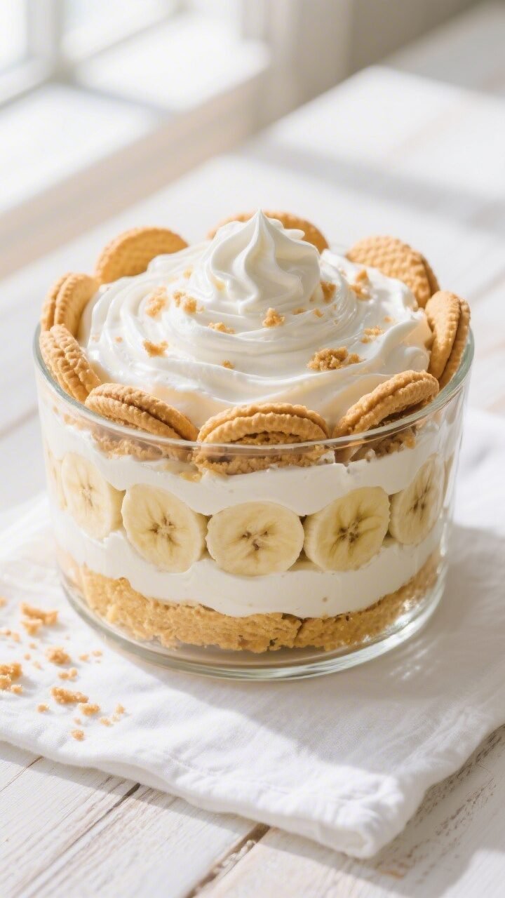 Overhead shot of a trifle bowl filled with Southern Banana Pudding (Paula Deen style), showcasing di