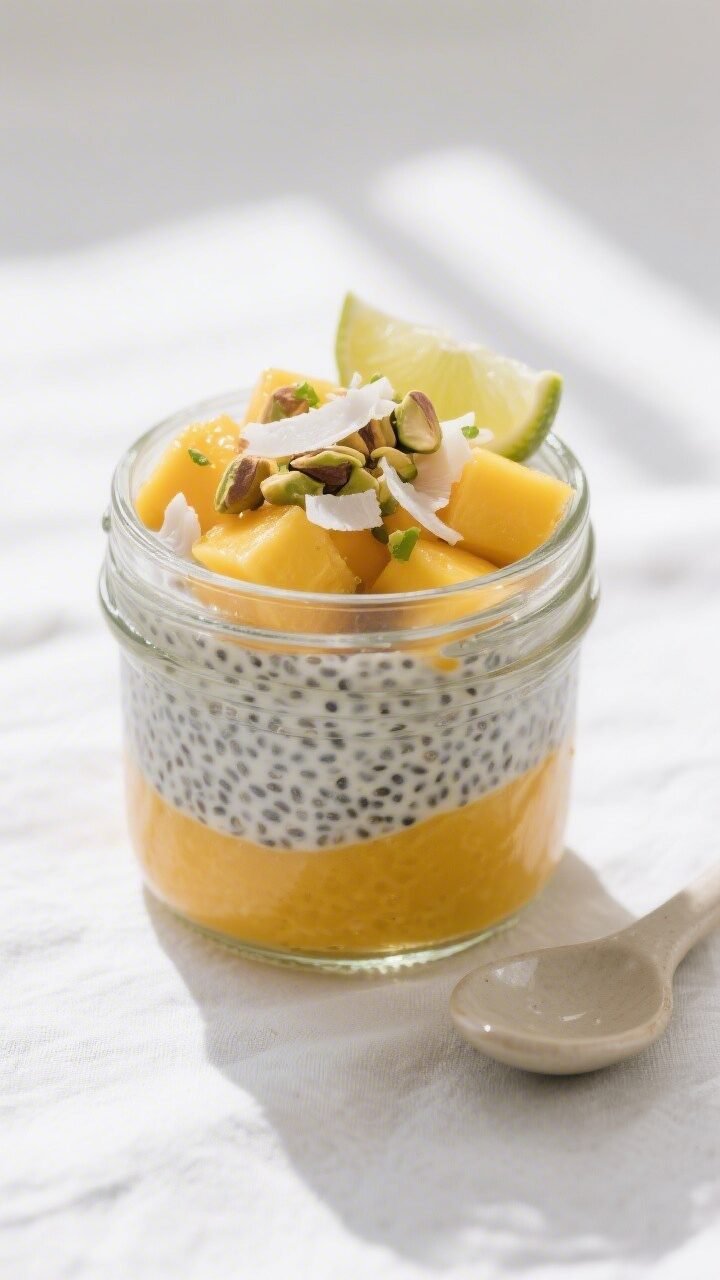 Overhead shot of assembled chia seed pudding with mango in a clear glass jar: visible layers of silk