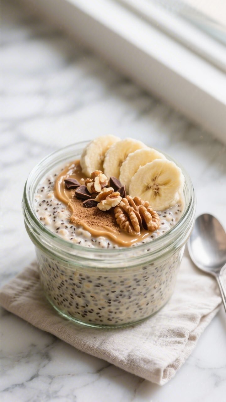Overhead shot of banana chia overnight oats right after an overnight chill, in an open glass jar on