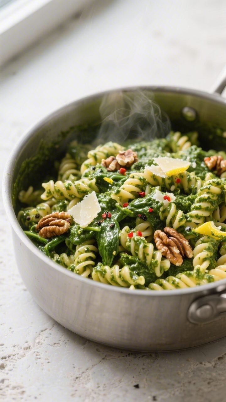 Overhead shot of glossy spinach & walnut pesto pasta just tossed in the pot over low heat, steam sub