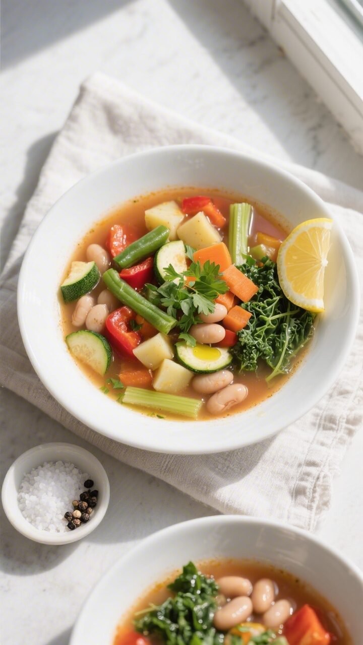 Overhead shot of Healthy Veggie Soup ladled into a wide, shallow white bowl, vibrant and steaming ho
