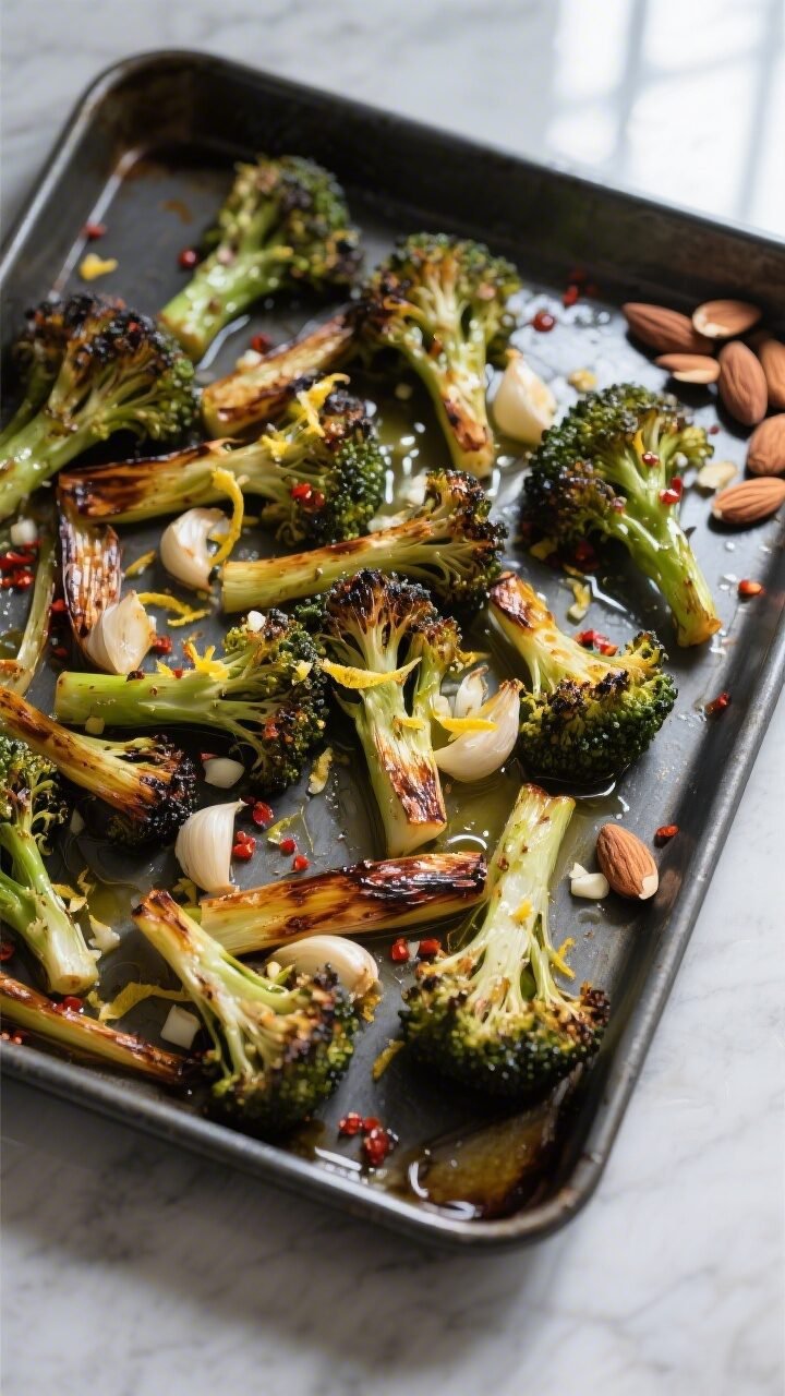 Overhead shot of oven-roasted garlic broccoli on a dark metal sheet pan just pulled from the oven, s