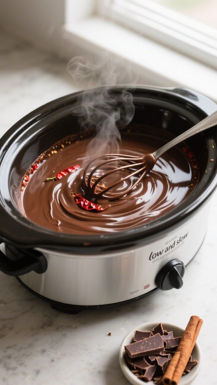 Overhead shot of Spicy Mexican Hot Cocoa in a crockpot during the “low and slow” stage: glossy, 