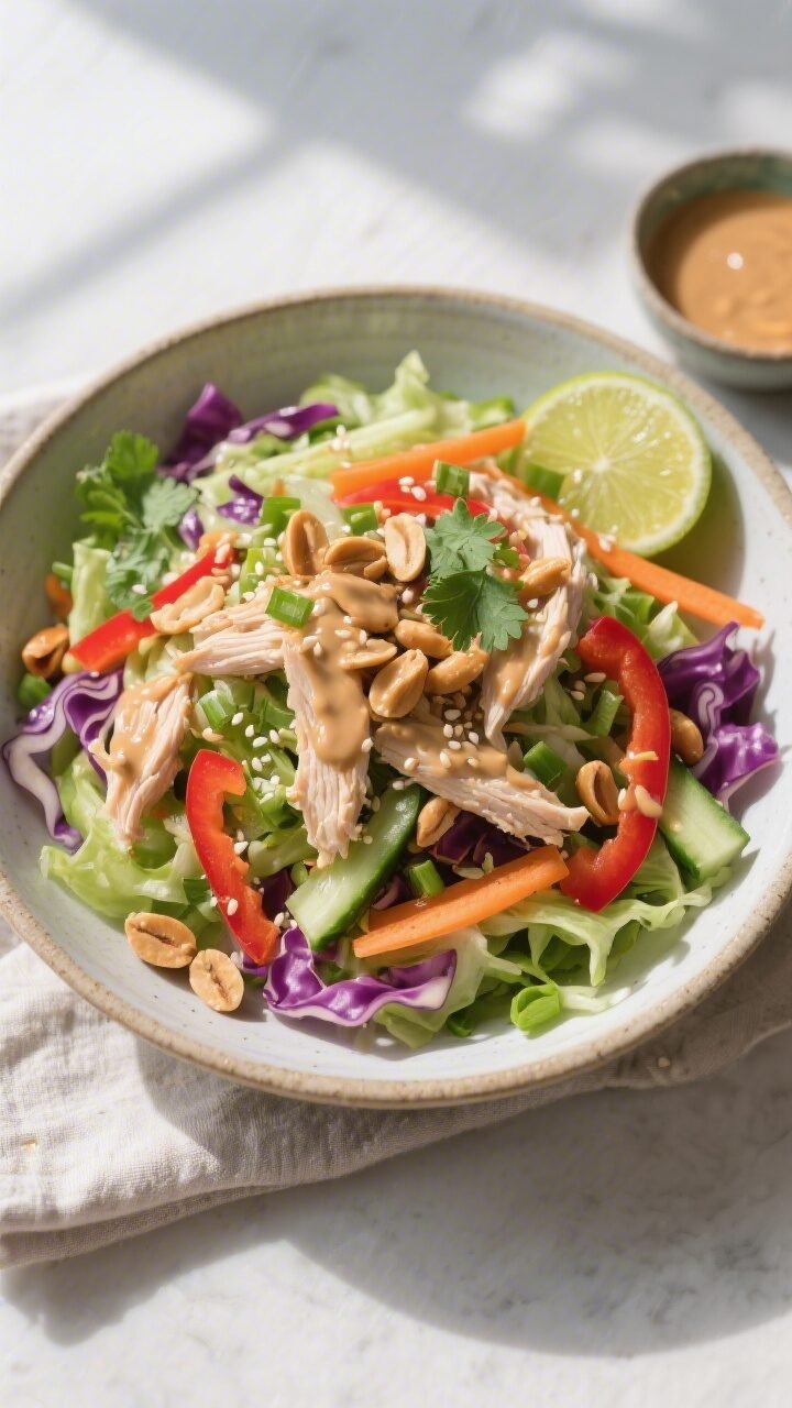 Overhead shot of Thai Peanut Chicken Salad just tossed and ready to serve: a wide, shallow ceramic b