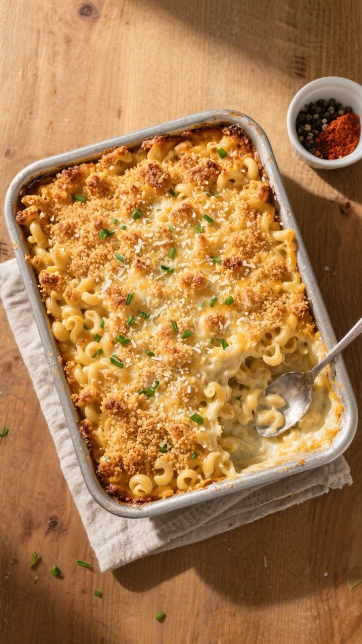 Overhead shot of the finished baked mac and cheese in a 9x13 pan just out of the oven, evenly bronze