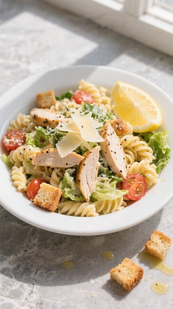 Overhead shot of the finished Chicken Caesar Pasta Salad in a wide, shallow white bowl: al dente rot