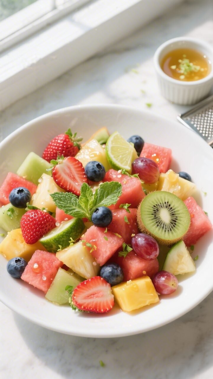 Overhead shot of the finished Summer Fruit Salad glistening with honey-lime dressing in a wide, shal