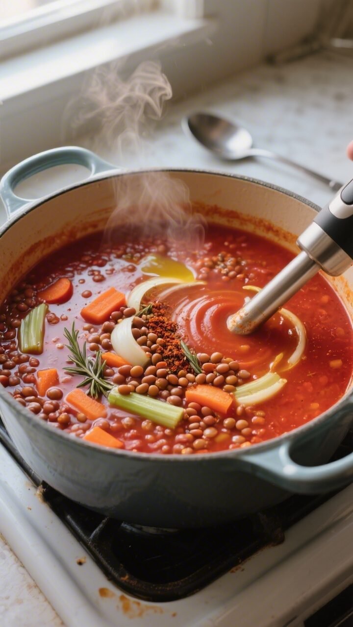 Overhead shot of Vegan Tomato Lentil Soup simmering in a Dutch oven during the “adjust texture” 