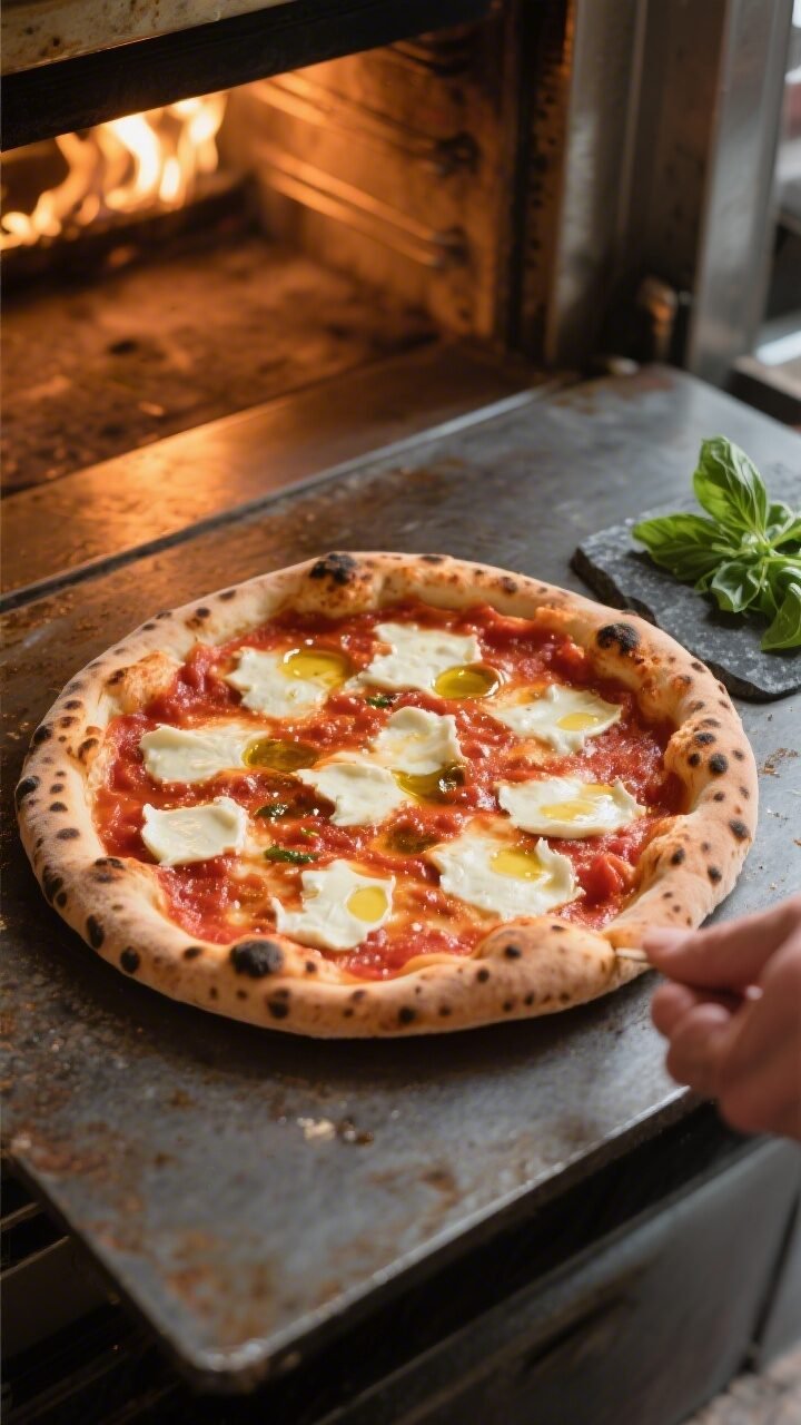 Tasty top view, cooking process: Overhead shot of a hand-stretched 12-inch Neapolitan pizza mid-bake