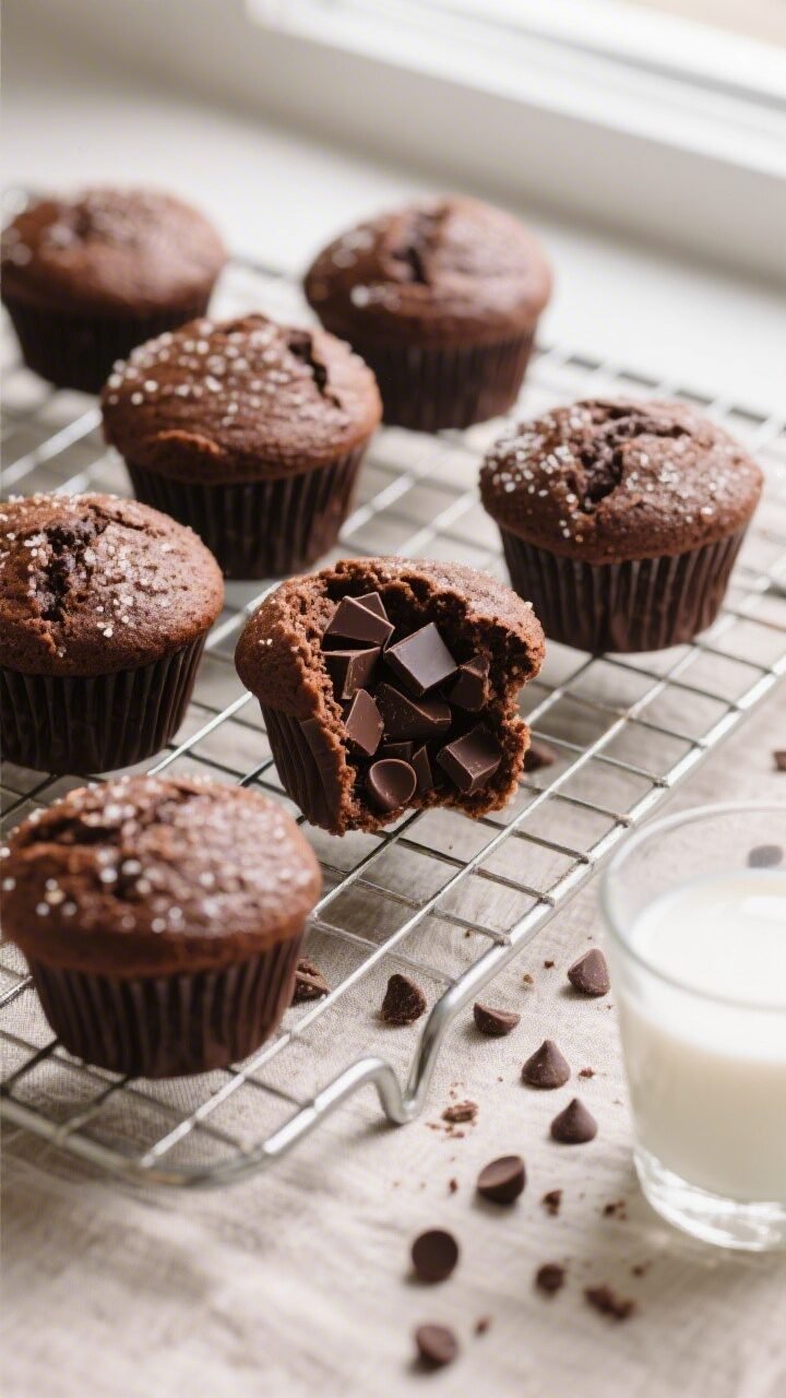 Tasty top view/final presentation: Overhead shot of a wire rack with several double chocolate muffin