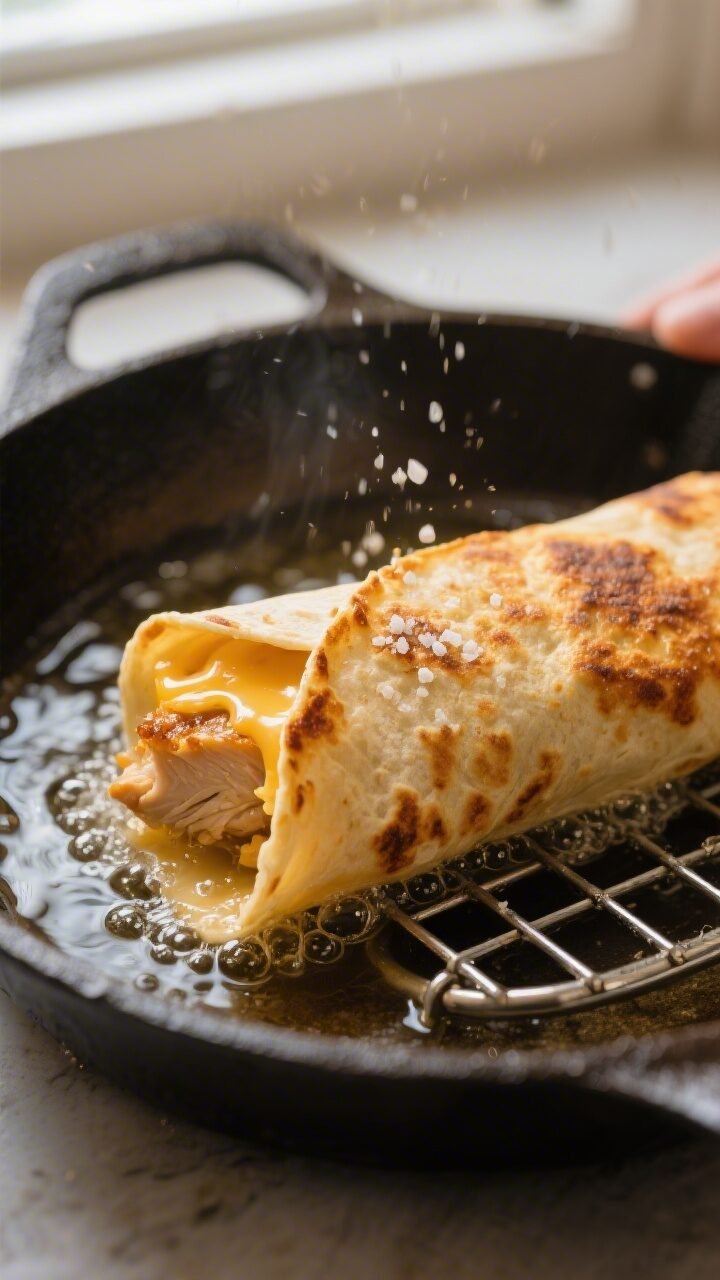 Close-up action shot of crispy chicken flautas frying seam-side down in a shallow layer of shimmerin