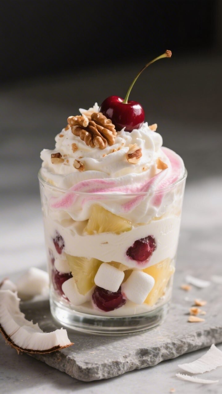 Close-up detail of a single parfait-style serving of Cherry Pineapple Marshmallow Fluff layered in a