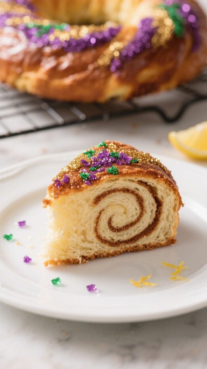 Close-up detail of a sliced King Cake wedge on a simple white plate, revealing the tender, light bri