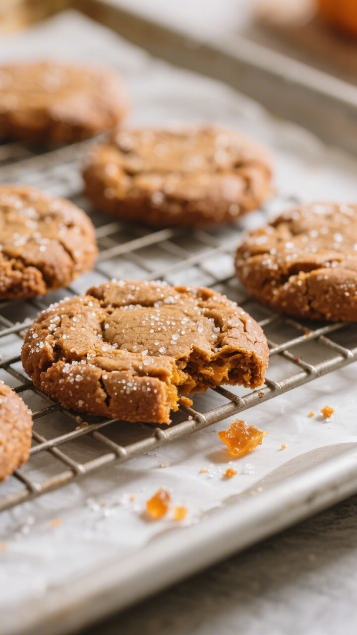 Close-up detail shot of freshly baked Pumpkin Gingersnap Cookies cooling on a wire rack, showcasing 