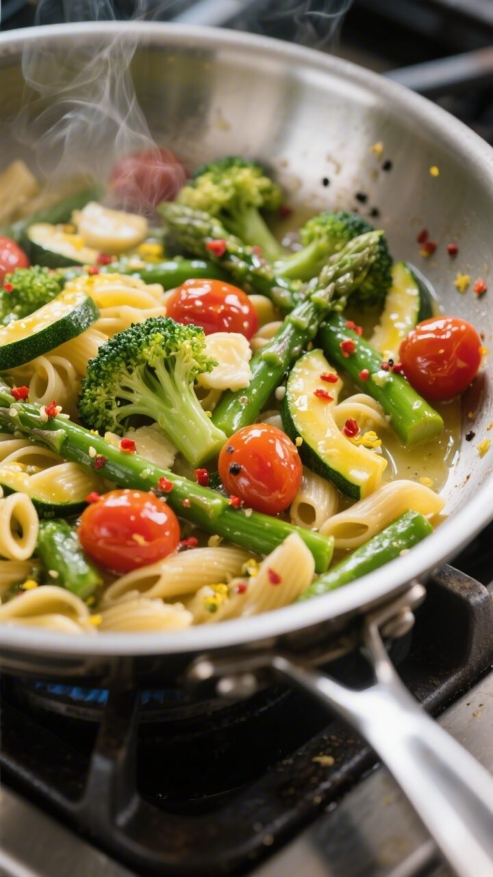 Cooking process close-up: A large stainless-steel skillet on the stovetop with sautéed Pasta Primav