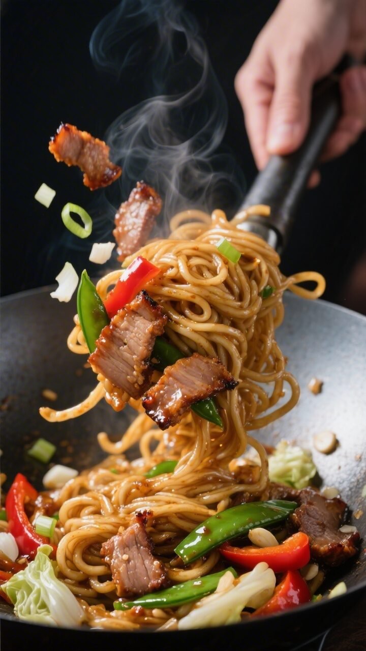 Cooking process, close-up action: High-heat pork noodle stir fry tossing in a carbon-steel wok, glos