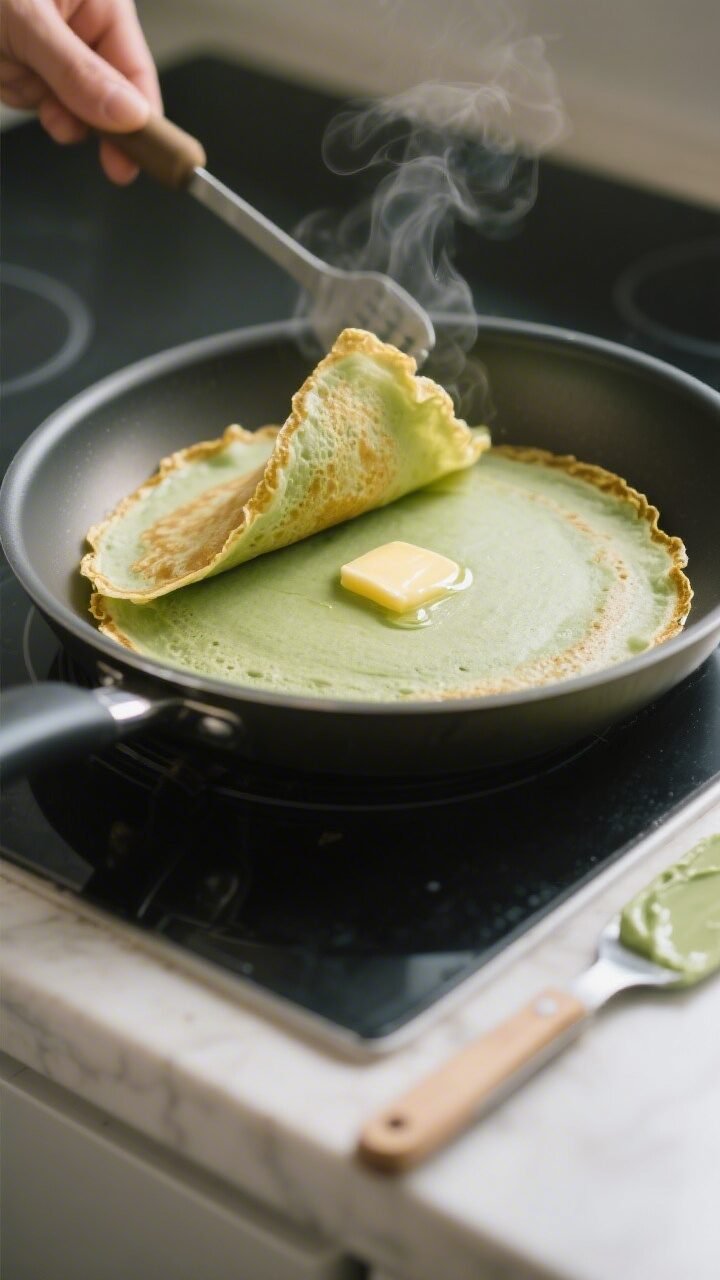 Cooking process, close-up detail: A golden-edged matcha crepe just flipped in a nonstick 9-inch crep