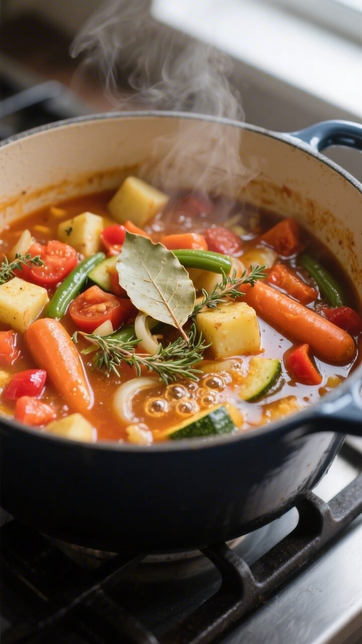 Cooking process, close-up detail: A steaming pot of herb-infused vegetable stew mid-simmer, close-up