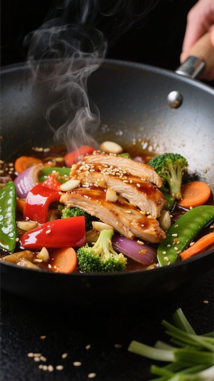 Cooking process, close-up detail: Searing strips of cooked chicken in a carbon steel wok with a glos
