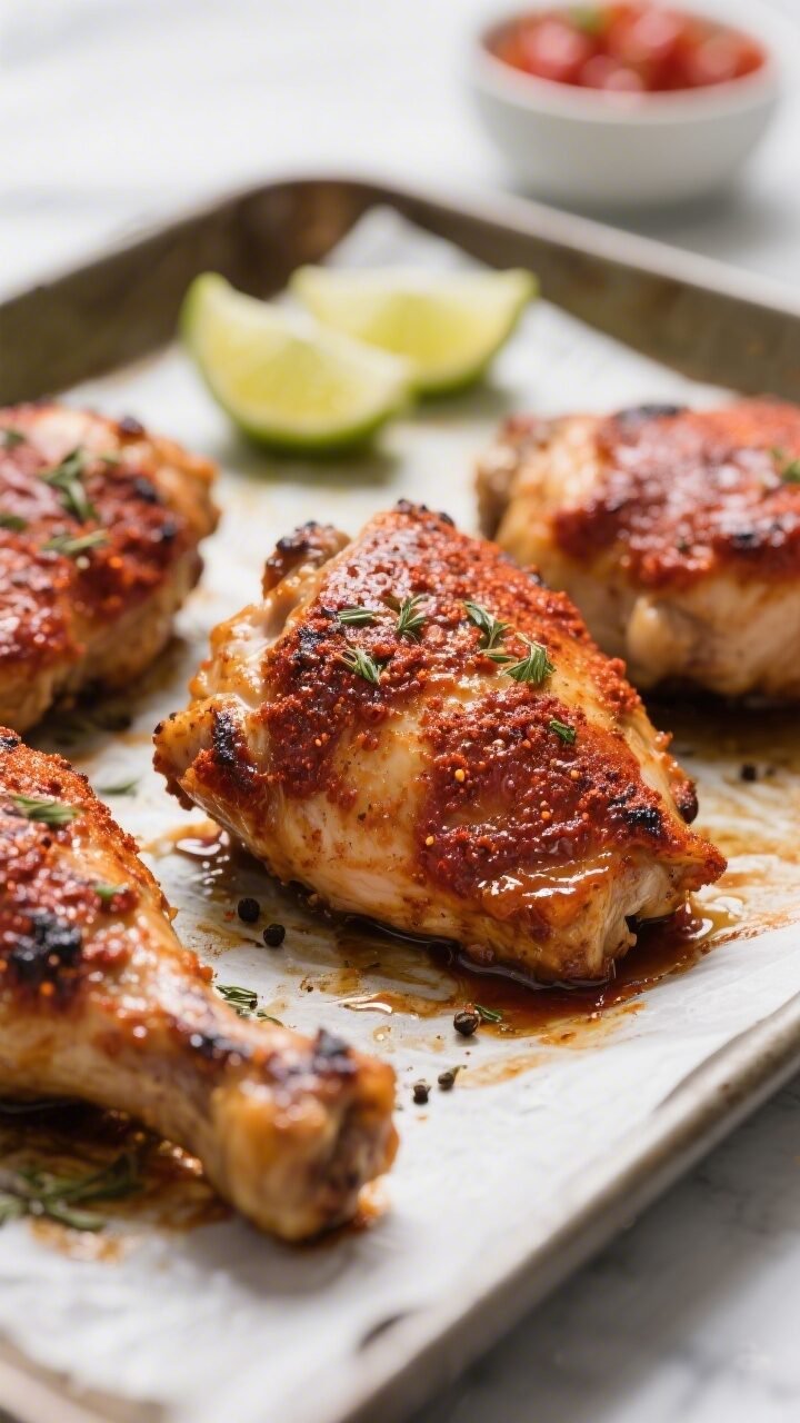 Cooking process close-up: Juicy baked chicken thighs just out of the oven on a parchment-lined sheet