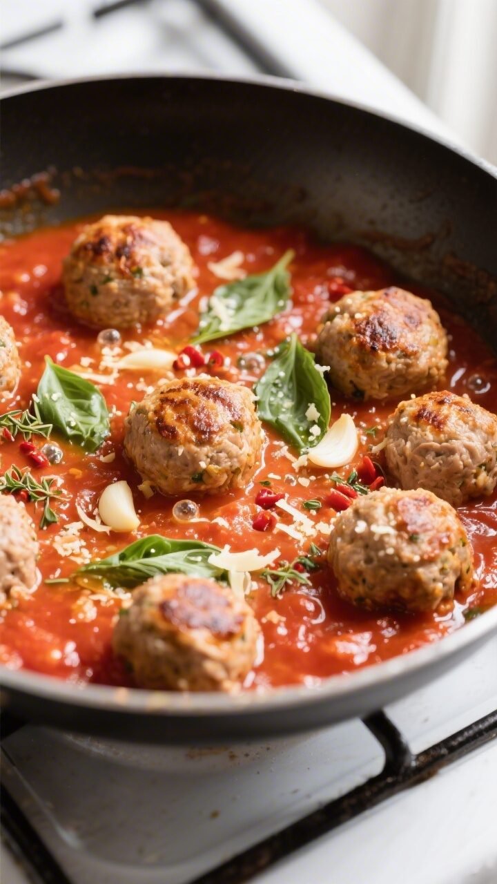 Cooking process close-up: Turkey meatballs gently simmering in a bright marinara in a wide, shallow 