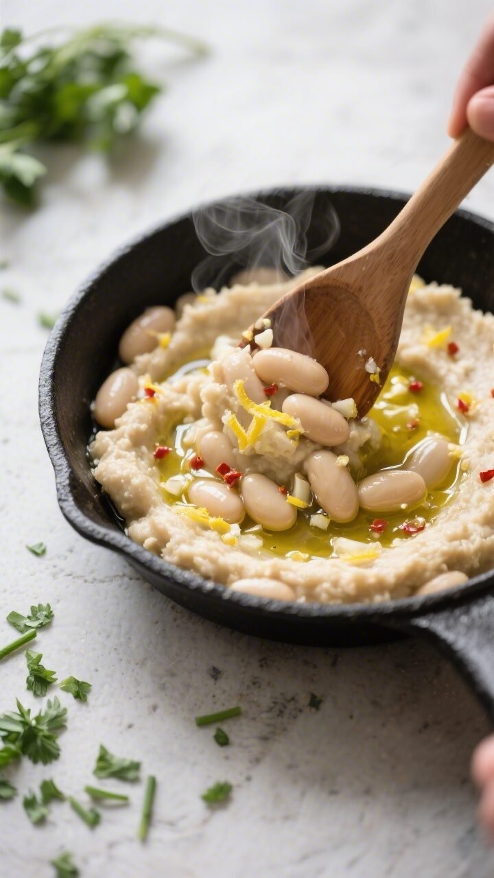 Cooking process close-up: Warm cannellini bean mash in a small skillet just off the heat, glistening