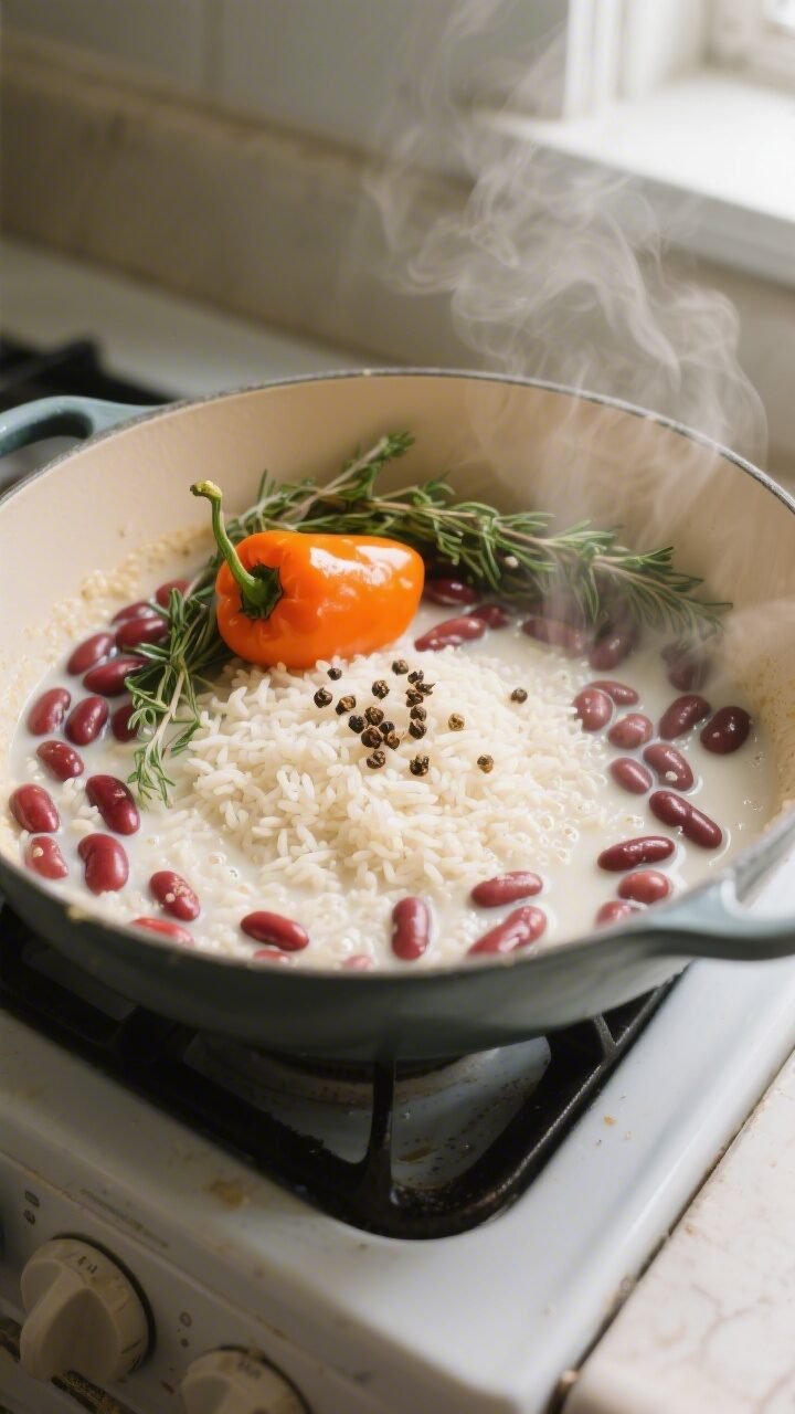 Cooking process — Jamaican rice and peas at a gentle simmer: overhead shot of a wide, shallow pot