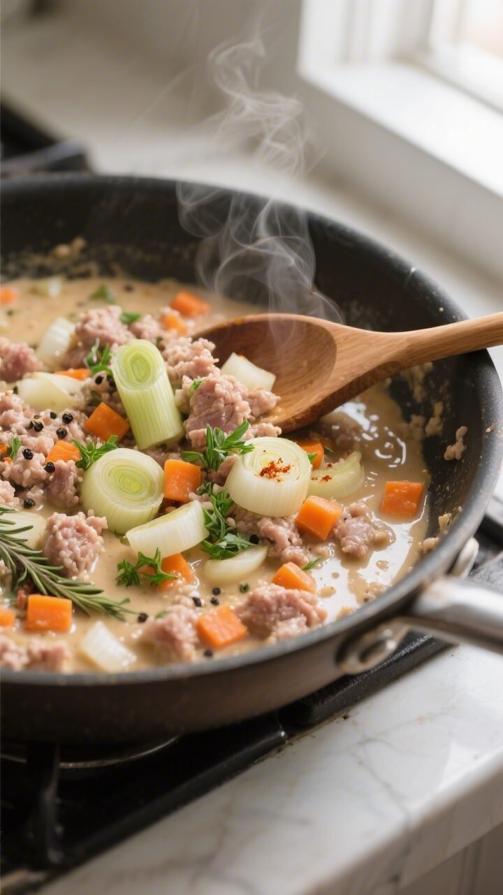 Cooking process — minced pork and leek filling: Close-up of a skillet scene showing the cooked min