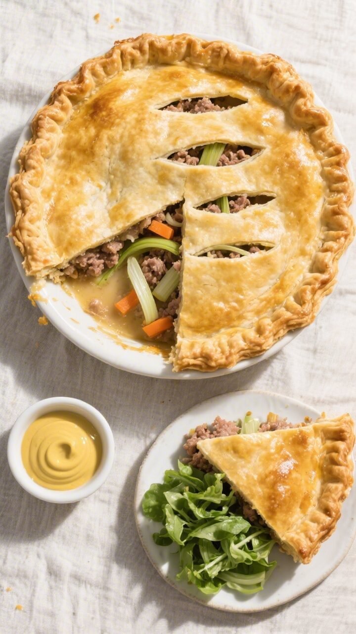 Final dish — baked pie, overhead slice reveal: Tasty top-down shot of a golden, puffed minced pork