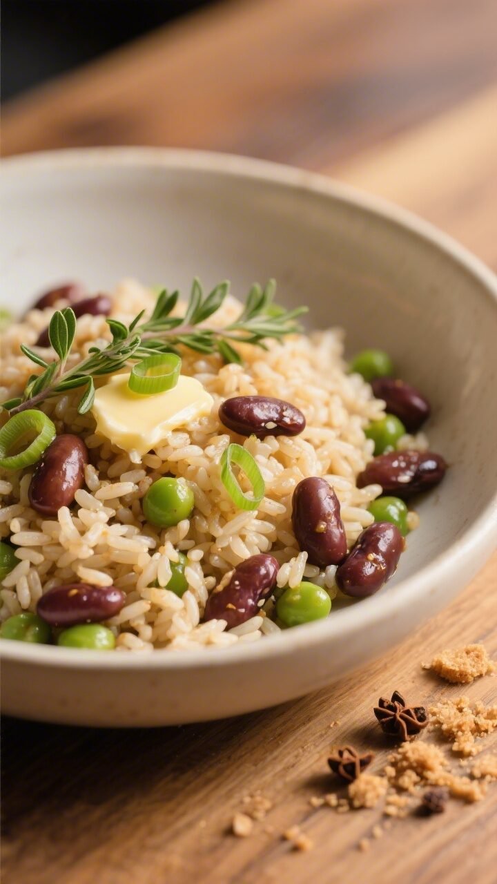 Final dish — beautifully plated Traditional Jamaican Rice and Peas: close-up, three-quarter angle