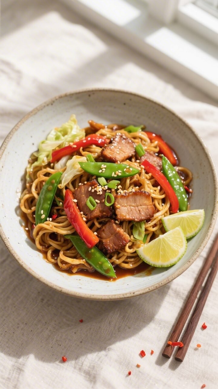 Final dish, overhead presentation: Overhead shot of Pork Noodle Stir Fry plated in a wide, shallow c