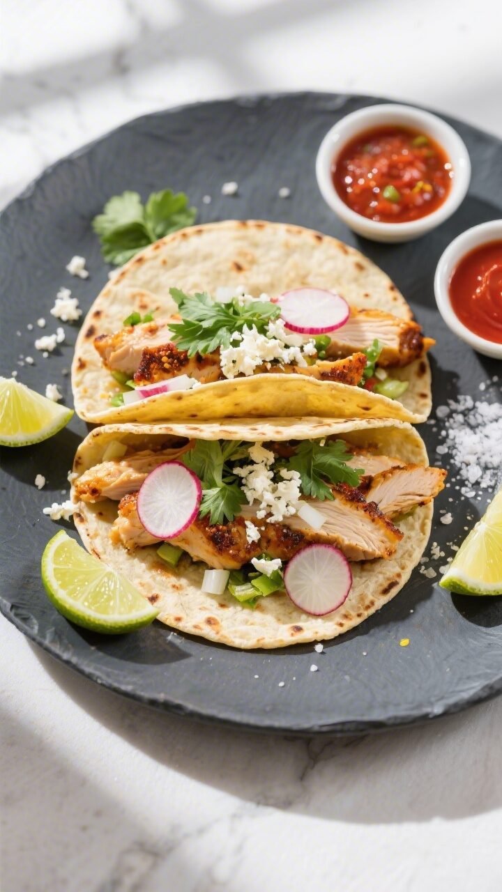 Final dish overhead: Street-style chicken tacos assembled on a matte charcoal platter, . Double-stac