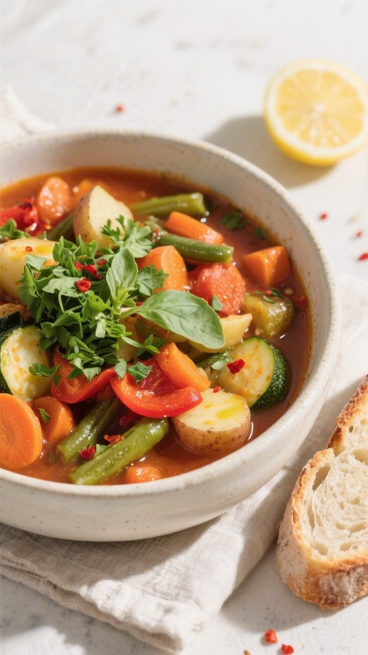 Final dish, tasty top view: Overhead shot of a bowl of Herb Infused Vegetable Stew, beautifully plat