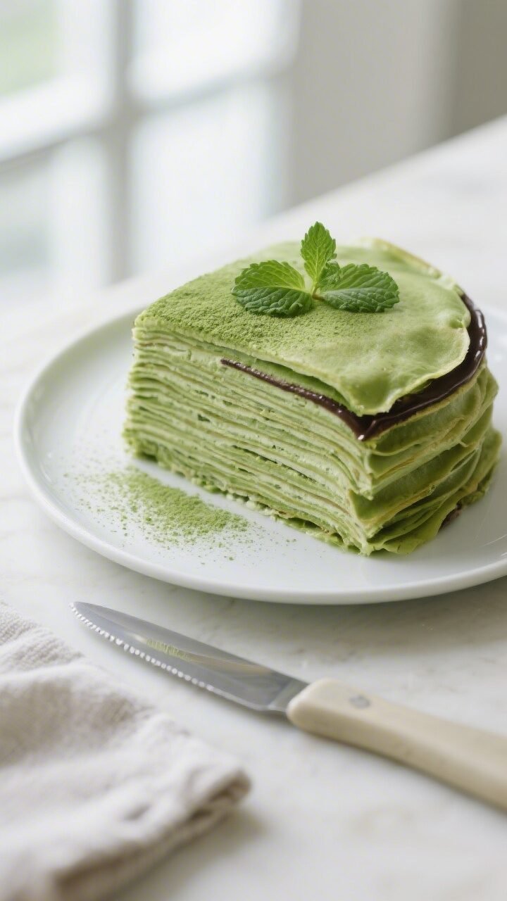 Final dish, tasty top view: Overhead shot of a perfectly stacked Matcha Mille Crepe Cake on a simple