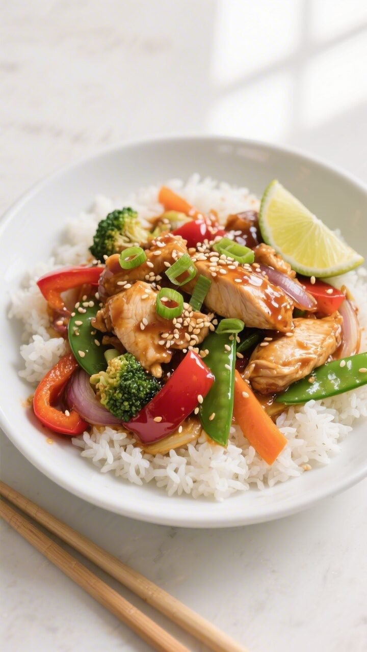 Final dish, top view: Overhead shot of Sweet & Spicy Asian Chicken Stir-Fry served on fluffy steamed
